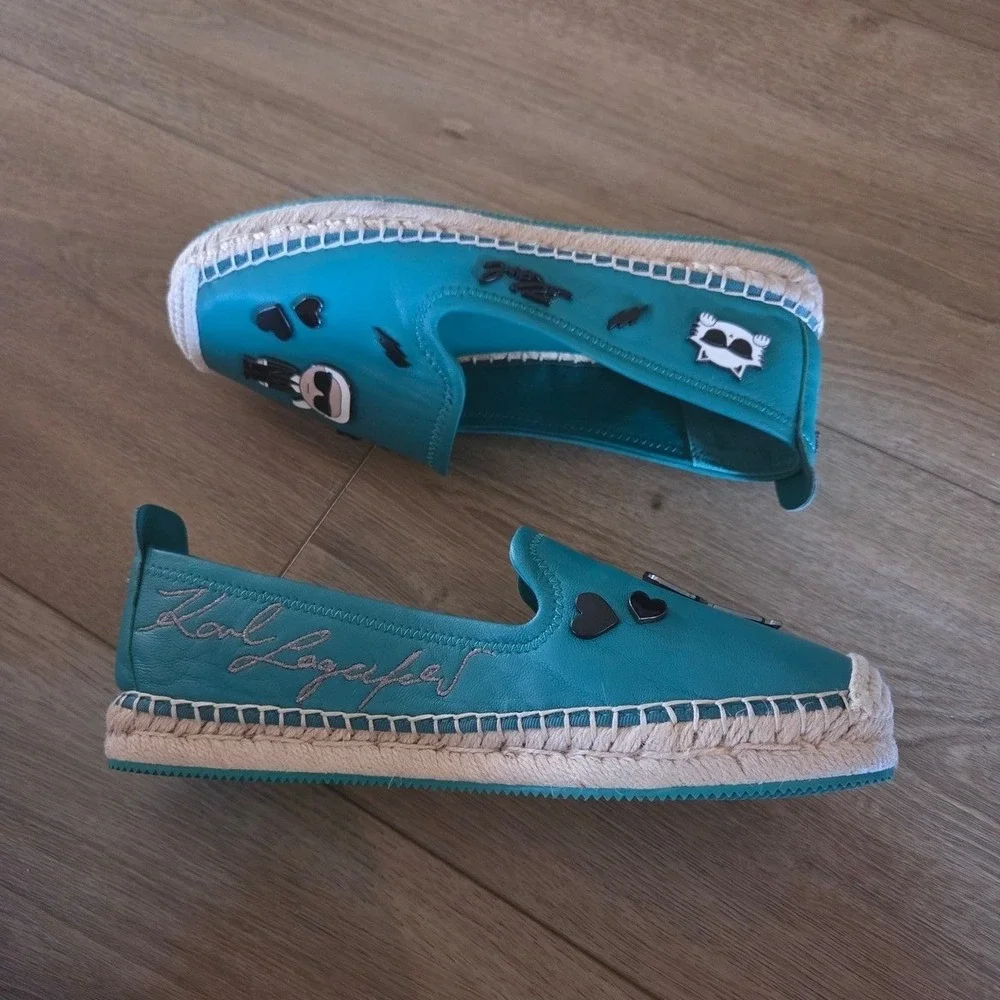 Karl Lagerfeld Paris Michaela Teal Leather Espadrille‎ Flats Charms 8M 38.5B